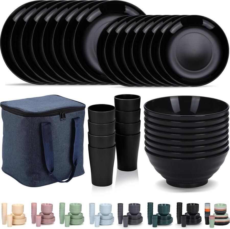 Plastic serviesset 32-delig servies voor 8 personen met een draagbare oragnizertas herbruikbare borden en kommensets inclusief kopjes kommen servies voor thuis (zwart)