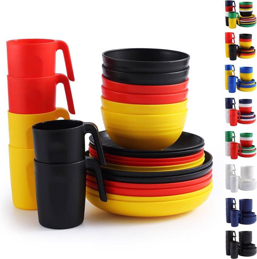 Plastic serviessets 24-delig voor 6 personen DE-kleur-herbruikbare borden- en kommensets met platte borden dessertborden mueslikommen kopjes voor thuis tuin picknick camping