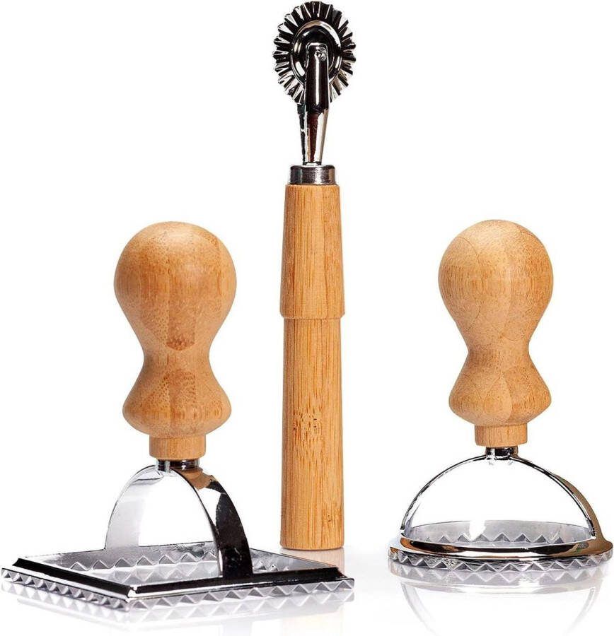Plastic vrije ravioli uitsteker (3 stuks) met bamboe handvat ravioli stempel ravioli maker voor dumplings knoedels wontons gyoza pierogi ravioli snijder cutter uitsteekvorm pasta roller