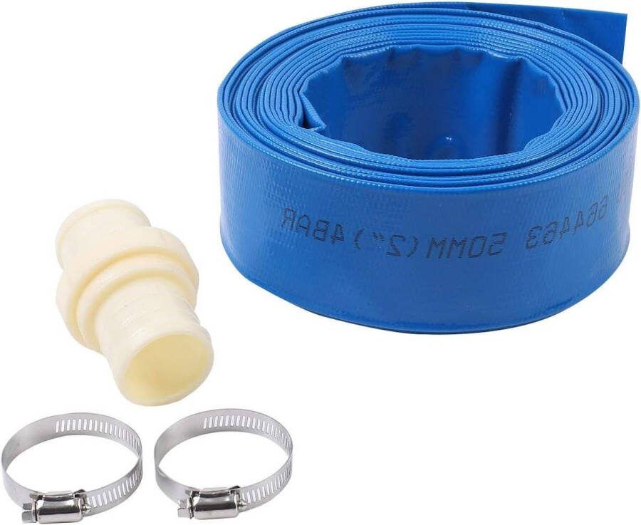 Platte afvoerslang 10 m x 50 mm voor dompel- en andere waterpompen met klemmen en snelkoppelingsaansluiting vijvers tuinirrigatie blauw