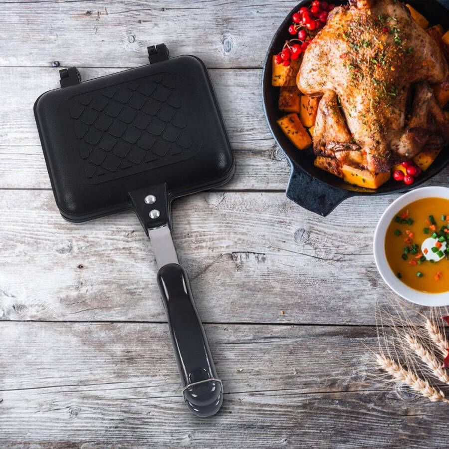 Platte bodem anti-aanbak pan Dubbelzijdige koekenpan met antiaanbaklaag en aluminiumlegering wafelijzer pot met dubbele handgrepen voor sandwich ontbijt en panini maker