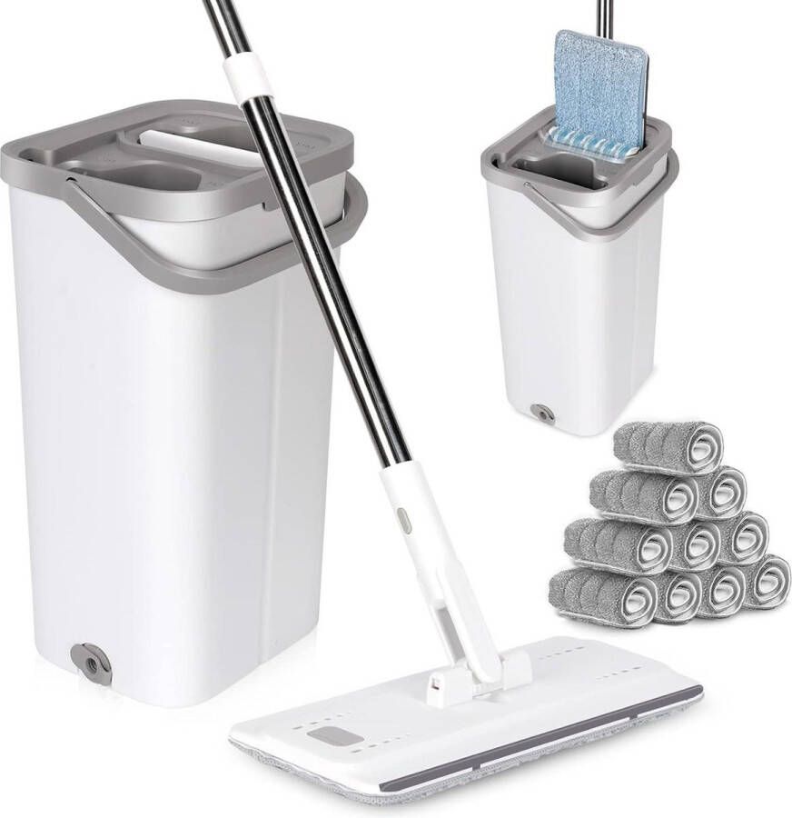 Platte dweil en emmerset handsfree vloerdweilen met reinigingssysteem nat en droog gebruik knijpdweil emmer voor hardhouten laminaattegelvloeren wit stuur 10 herbruikbare mop and bucket set