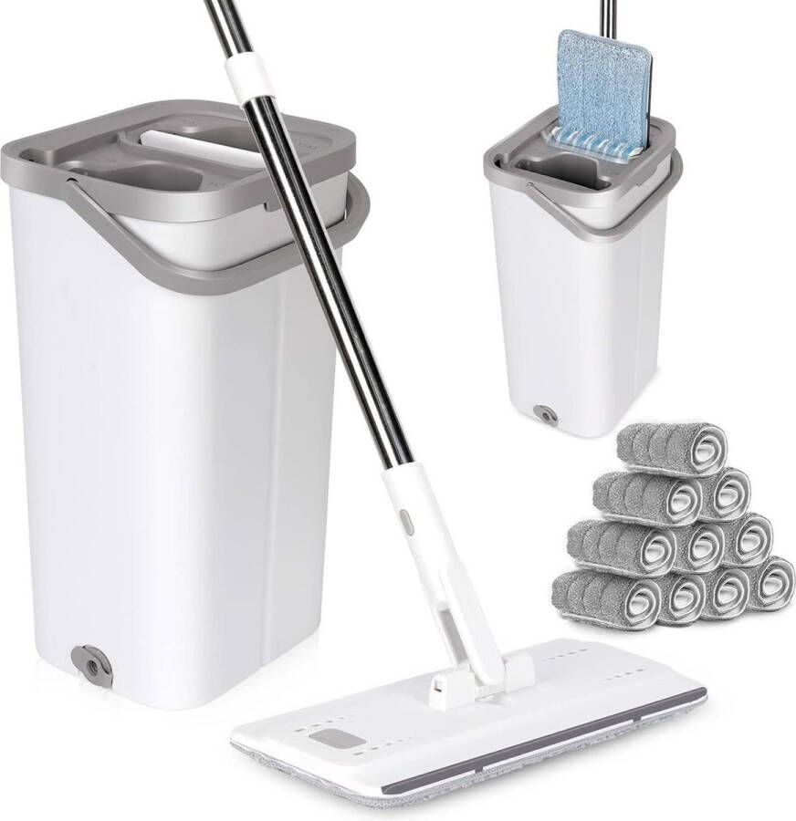 Platte dweilemmer met wringer en lange steel 140 cm microvezel vloerdweilen hardhout laminaat tegels 10 stuks herbruikbare Mop en emmersets