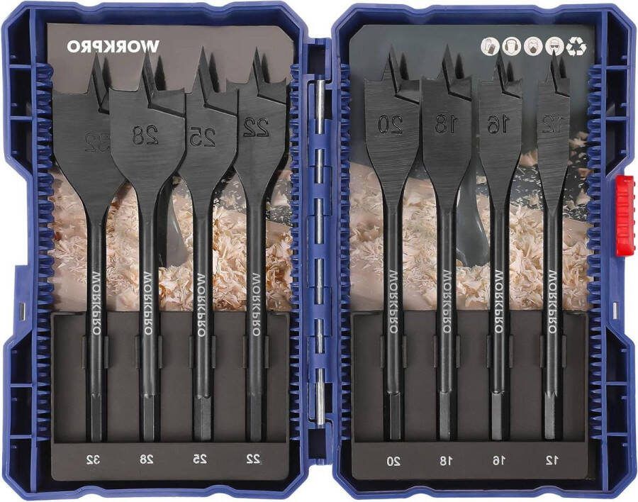 Platte freesboren set 8-delige 1 4 inch zeskantschacht 12 mm 16 mm 18 mm 20 mm 22 mm 25 mm 28 mm 32 mm 150 mm lengte Houtboor met opbergkoffer