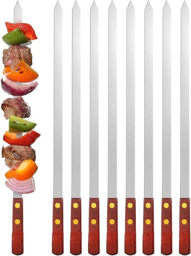 Platte grillspiesen roestvrij staal Adana spiesen 8 stuks 60 cm vleesvork sjasliekspiesen extra lang vleespens grillaccessoires grillbestek