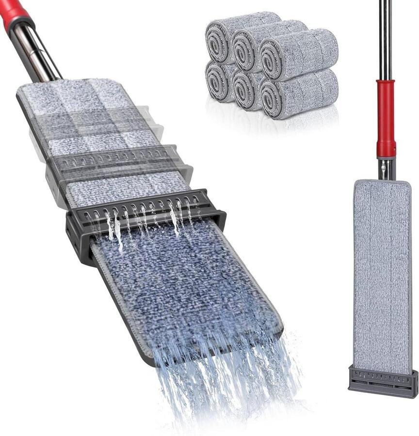 Platte microvezel dweil zelfwringend met 6 herbruikbare pads handsfree vloerreiniging voor hardhout tegels laminaat marmer grijs en rood