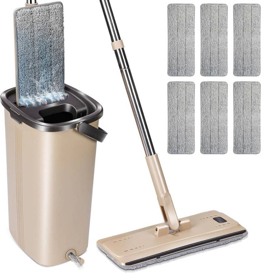 Platte microvezelmop met vrije handen 360° draaibaar zelfreinigend voor droge en vochtige vloeren met emmer + 6 sponzen Mop