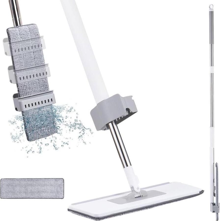 Platte mop handsfree 360 graden reinigingsmop met 2 wasbare dweilpads nat en droog gebruik voor hardhout laminaat en tegelvloeren