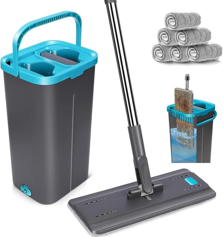 Platte mop met emmer 141 cm vloerwisser met 6 microvezel dweilpads en roestvrijstalen handgreep dweil en posemmer set voor alle vloertypes grijs + blauw