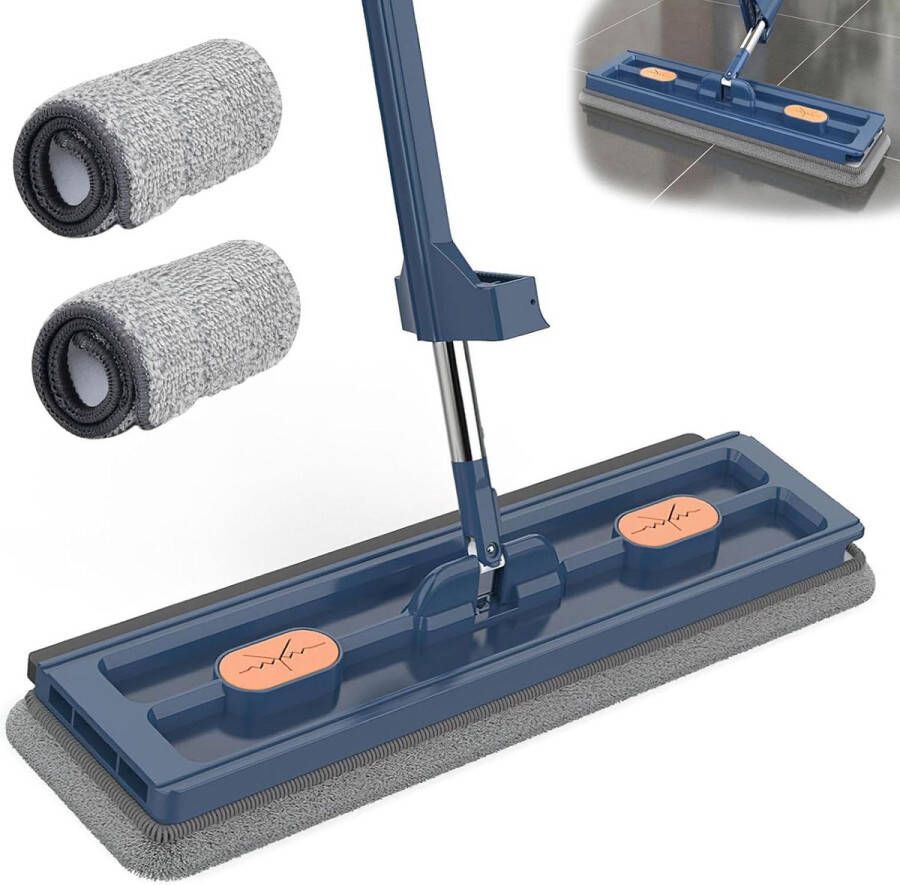 Platte mop met uitwringfunctie 360° draaibare reinigingsmop 137 cm lange roestvrijstalen handgreep microvezel vloerwisser voor tegels keuken badkamer kantoor 2 doeken