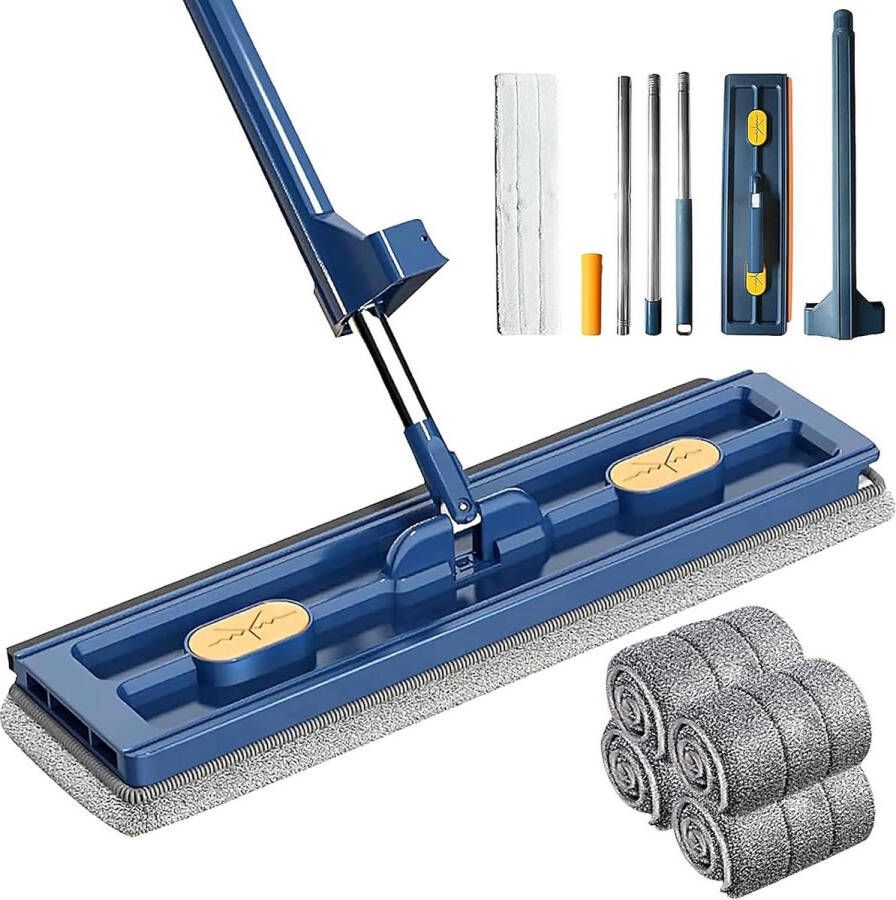 Platte mop met uitwringfunctie 360° draaischarnier vloerwisser met 4 microvezel-dweilpads blauw Mop