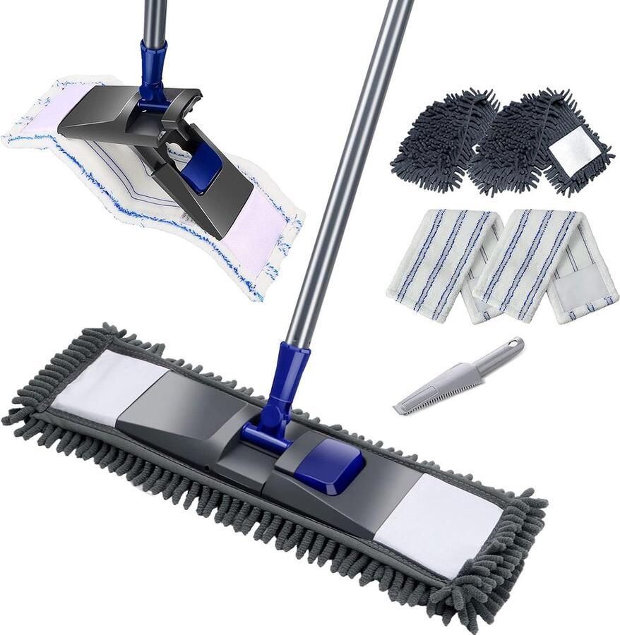 Platte vloerwisserset 128 cm chenille platte mop met 4 dweilpads wisserset voor snelle reiniging van de vloer zand stoftool blauw
