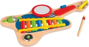 Playtive Houten Muziekinstrument Aanbevolen leeftijd: vanaf 1 jaar Materiaal: hout en kunststof Bevordert de hand-oogcoördinatie 6 in 1 Gitaar Muziekinstrument