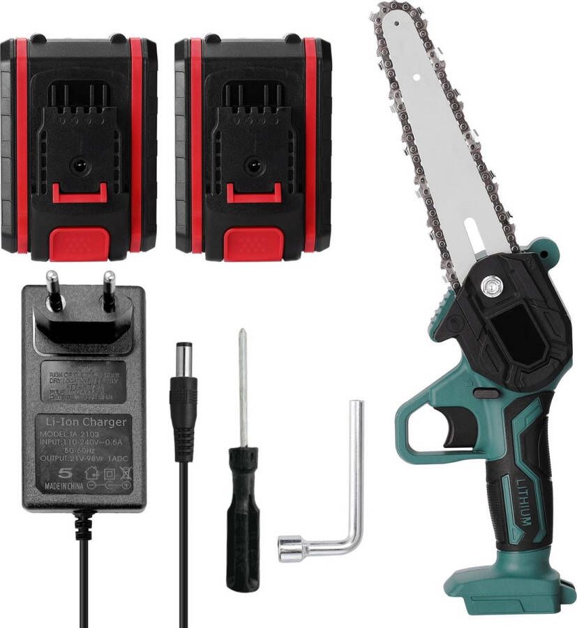 Plein Mini Kettingzaag Met 6 Extra Kettingen 2 Accu's Oplaadbaar 15 cm Met Accessoires Groen