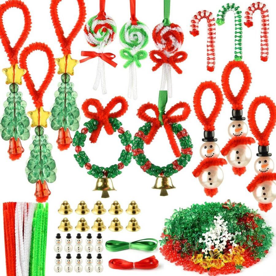 PLULON 60 Sets Kerst Ambachten voor Kinderen Kerst Kralen Ornament Kit Tri Kralen met Pijp Reinigers Craft Kraal Krans Sneeuwpop Snoepstok voor Xmas Party Boom Hangende Decoraties