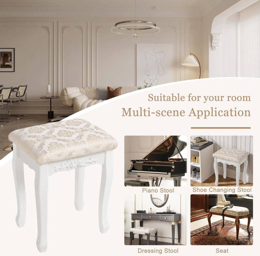 Poef Kruk Make-Up Kaptafel Stoel Barokke Stijl Wit MB6011 Comfortabel en Stijlvol make up tafel