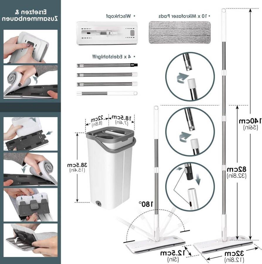 Poetsemmer met Dweil Mop and Bucket Set met Uitwringfunctie 10 Microvezel Wisserpads Wisserset voor Hardhouten Tegels Marmer Laminaat Mop