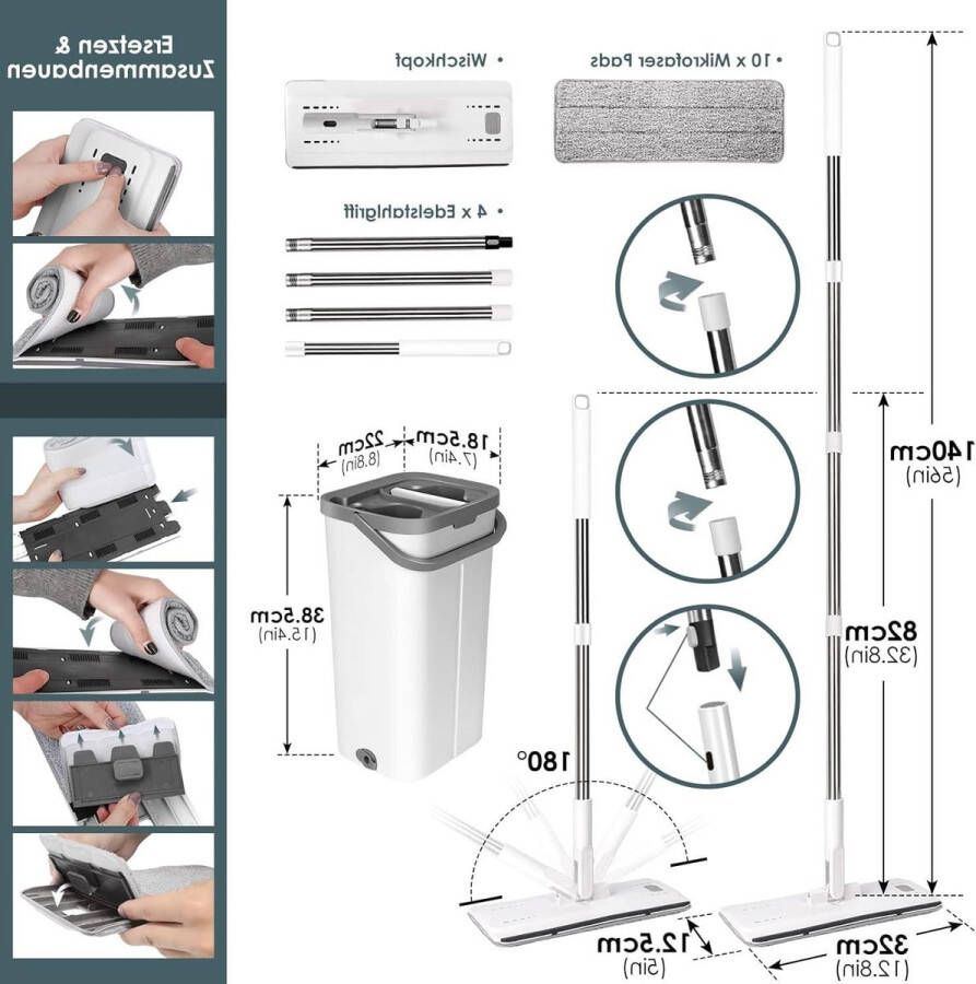 Poetsemmer met Dweil Myiosus Mop and Bucket Set Floor Mop met Uitwringfunctie en 10 Microvezel Wisserpads Wisserset voor Hardhouten Tegels Marmer Laminaat mop and bucket set