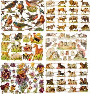 Poëzieplaatjes 6 vellen Vogels Wilde dieren Boerdrijdieren-Poezen Bloemen Honden Poëziealbum hobby creatief bulletjournaal vriendenboek dagboek decoupage knutselen scrapbook