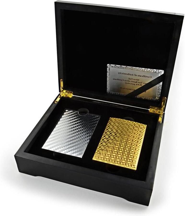 Poker cadeauset Texas Hold'em kaarten in goud en zilver 2 x 54 kaarten houten doos Black Jack speelkaarten plastic kaarten. Pokerset