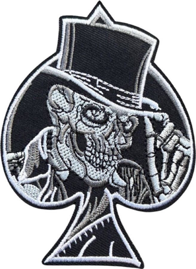 MegaMooi.nl Poker Schoppen Aas Skull Biker Punk Gothic Strijk Embleem Patch 7.8 cm 10.6 cm Zwart Wit Grijs