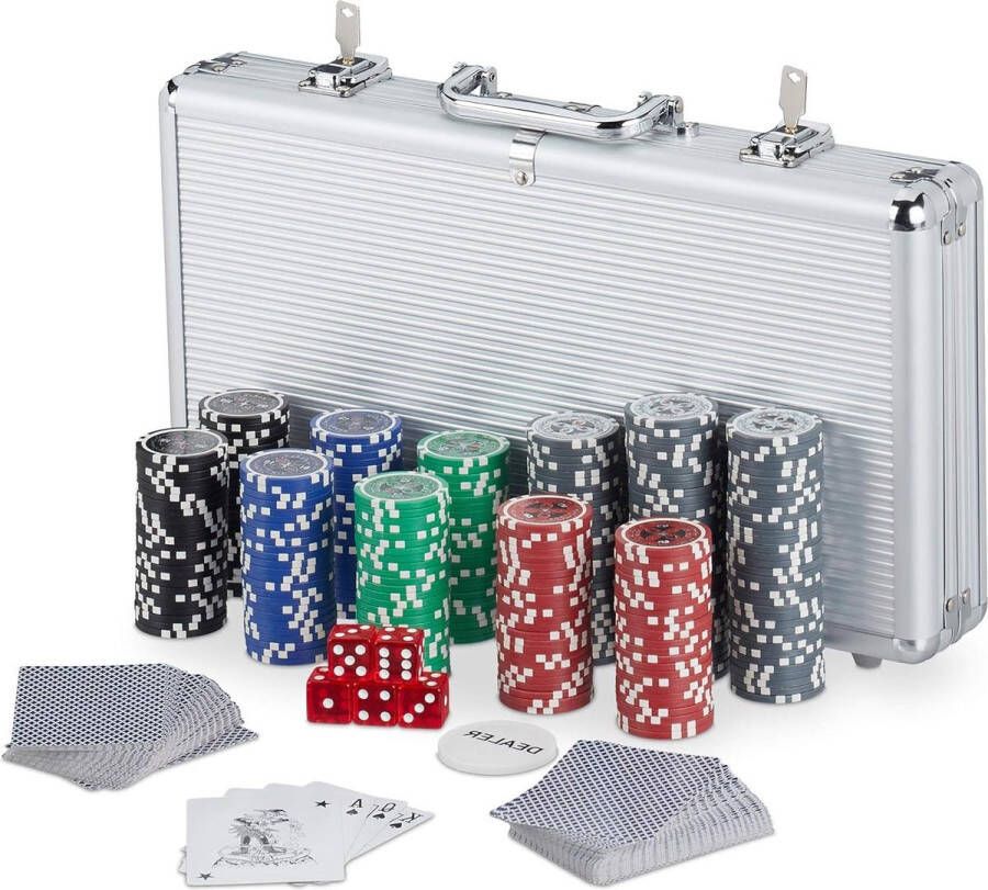 Poker Set 300 Poker Chips Kaartspelen Dobbelstenen Dealer Button Aluminium Zilver Afsluitbaar Pokerset