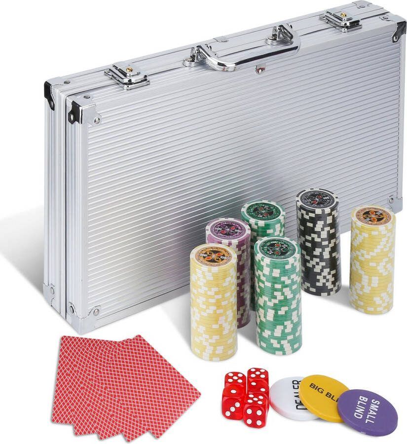 Pokerkoffer Aluminium Koffer Pokerset Pokerchips Met 300 Chips & Poker Kaarten-Zilverr