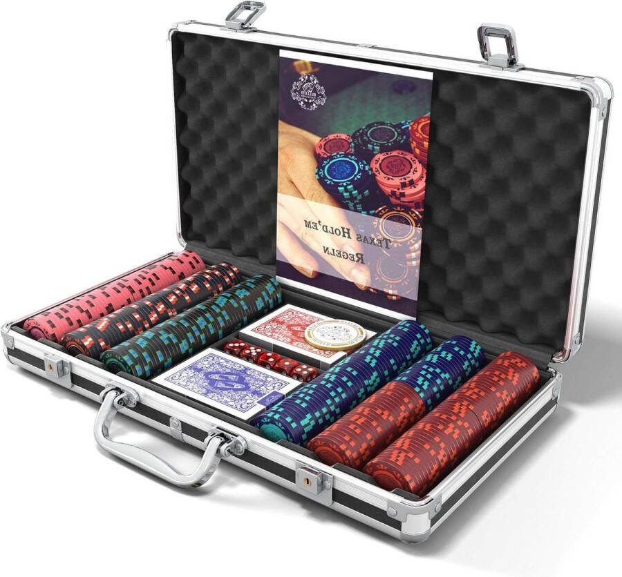 Pokerkoffer Corrado 300 Clay Pokerchips zonder waarden Keramische Dealerbutton Dubbele Pokerkaarten Pokerset
