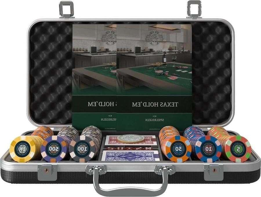 Pokerkoffer met 300 keramische pokerchips dealerbutton en dubbele pokerkaarten Pokerset