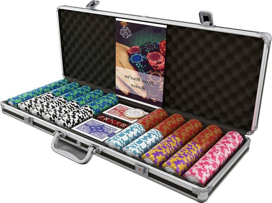 Pokerkoffer met 500 Clay pokerchips incl. keramische dealerbutton en dubbele pokerkaarten Pokerset