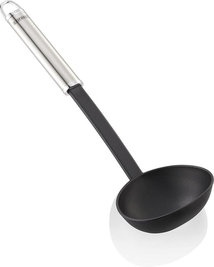 Pollepel 32 cm soeplepel van roestvrij staal en nylon voor koken zonder krassen pollepel met ovale handgreep en praktische ophanglus sauslepel zilver