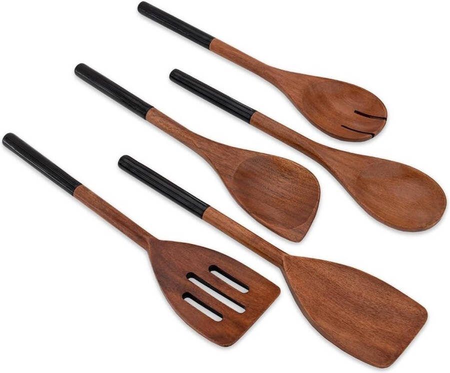 Pomodoro Houten Kooklepel Set van 5 Acaciahouten Kooklepel Set Houten Kooklepel Set Houten Kooklepel Set Houten Kooklepel Houten Spatel Puntige Kooklepel Menglepel (zwart)