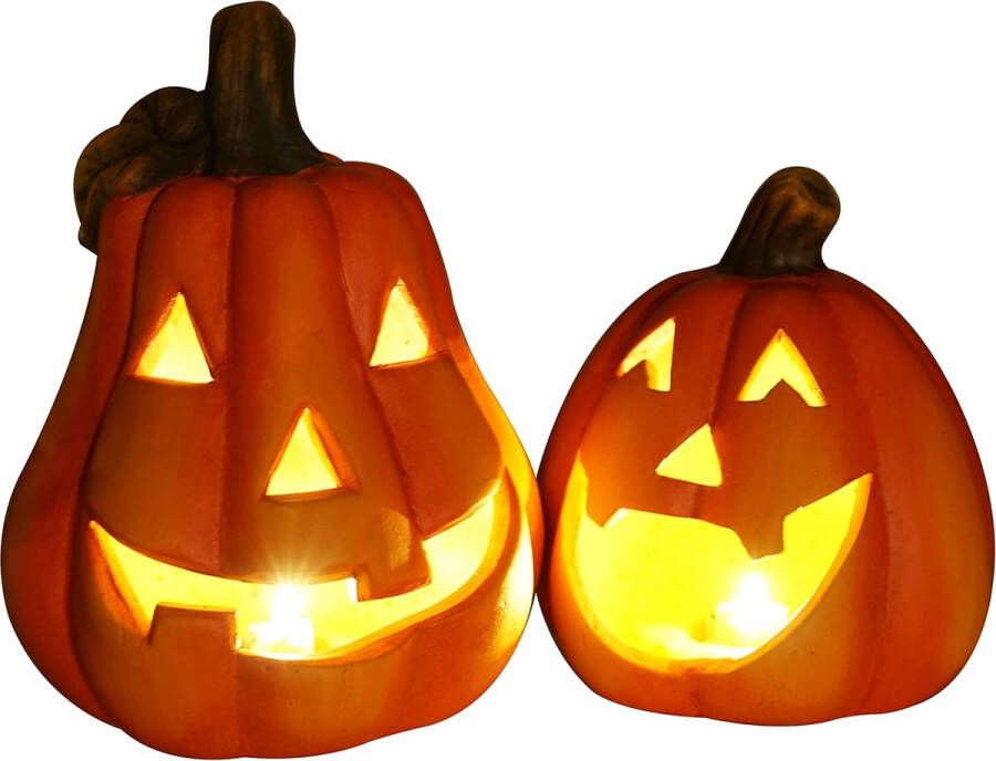 Pompoen decoratie keramiek 2x stuks 18 cm Windlicht herfstdecoratie in set van 2 Halloween decoratie verlicht LED (met LED)
