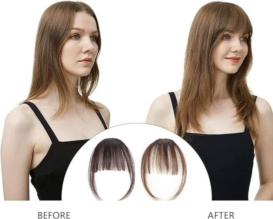 Pony kunsthaarclip natuurlijke synthetische platte franjes front-extensions korte haarelastiekjes pony haarstukjes (licht- en donkerbruin)