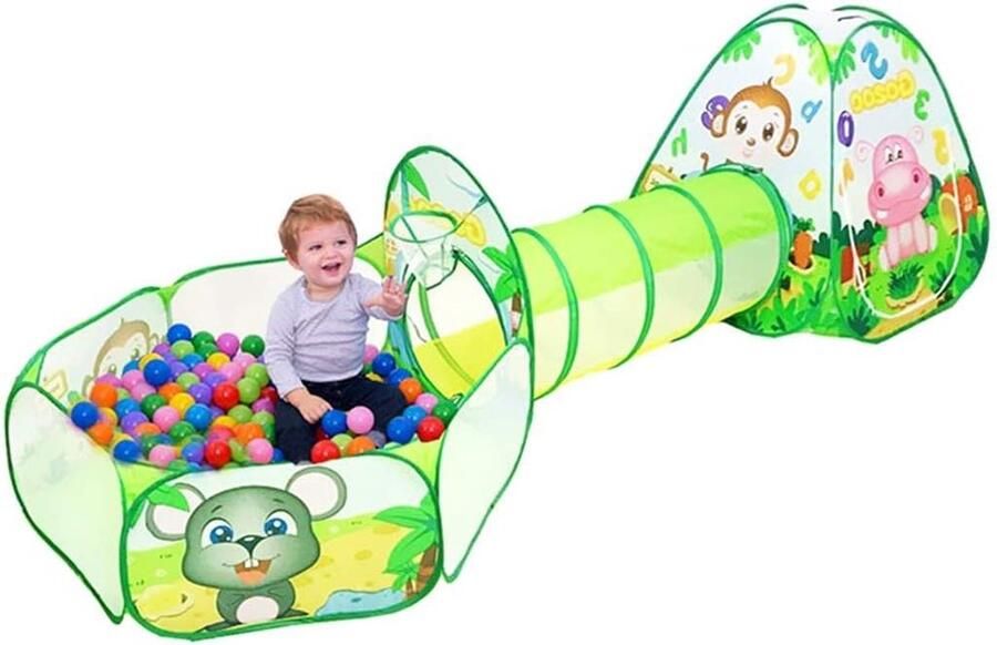 Pop-up speeltent en tunnel 3-in-1 kinderspeelhuis met dierentuin thema voor jongens en meisjes binnen buiten gebruik