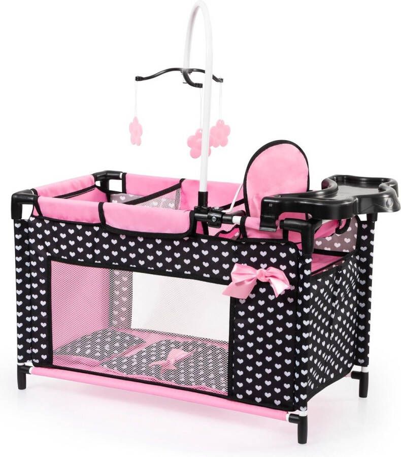 Poppenbed met geïntegreerde kinderstoel kastcompartiment mobiel kussen dekbed zwart roze speelgoedmeubel poppenstoel