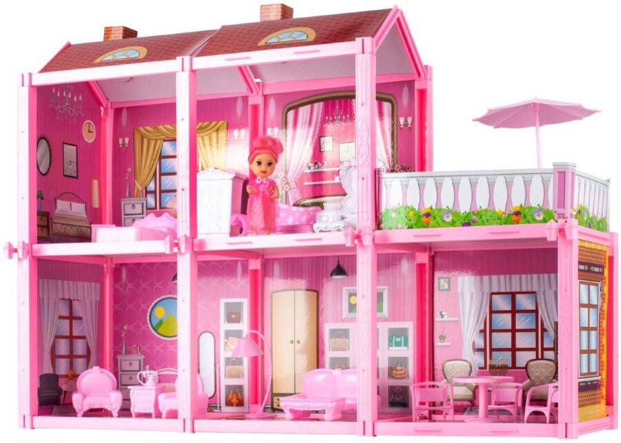 Ikonka Poppenhuis villa met 2 verdiepingen inclusief accessoires en pop roze 60 x 17 x 44 cm