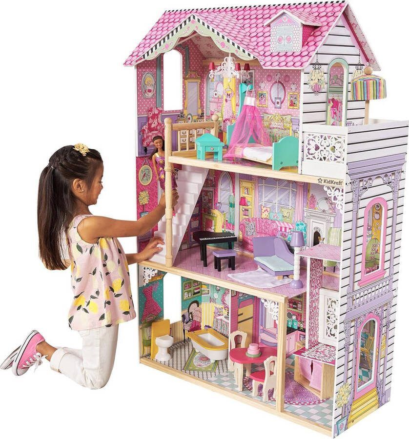 Poppenhuis Houten Poppenhuis met Meubels Kinderspeelgoed 1 jaar en Ouder Roze