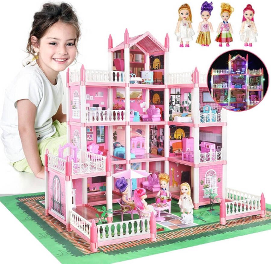 Poppenhuis Speelset met Meubels & Accessoires Speelgoed poppen met Verlichting Roze