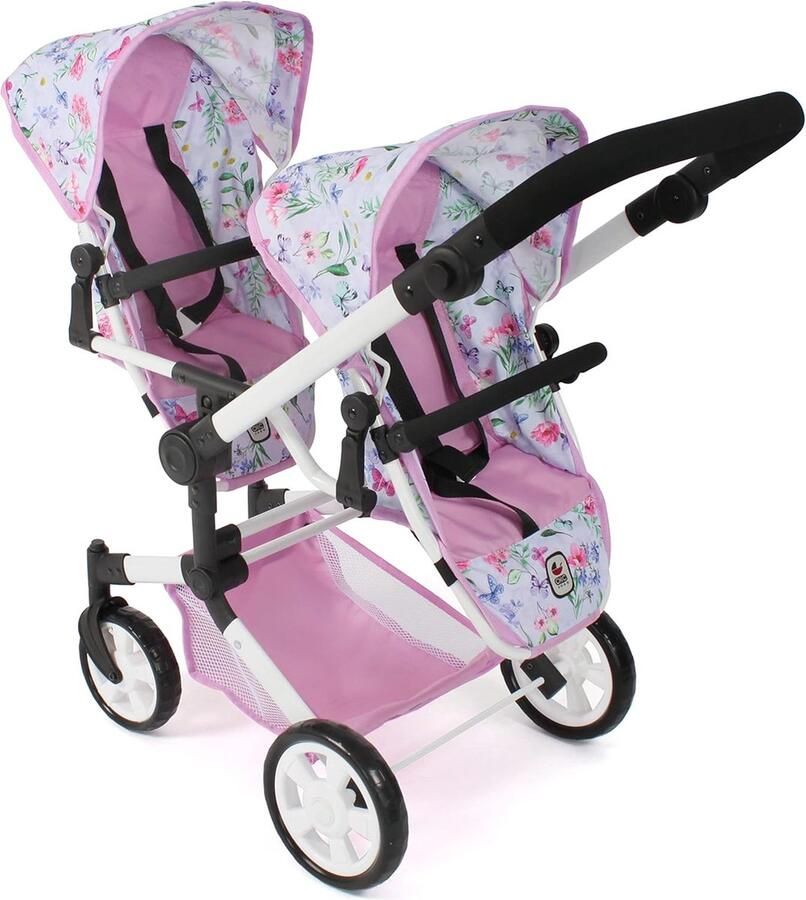 Poppenwagen Linus Duo tweepoppenwagen voor kinderen van 4 tot 8 jaar bloemen roze 690-53