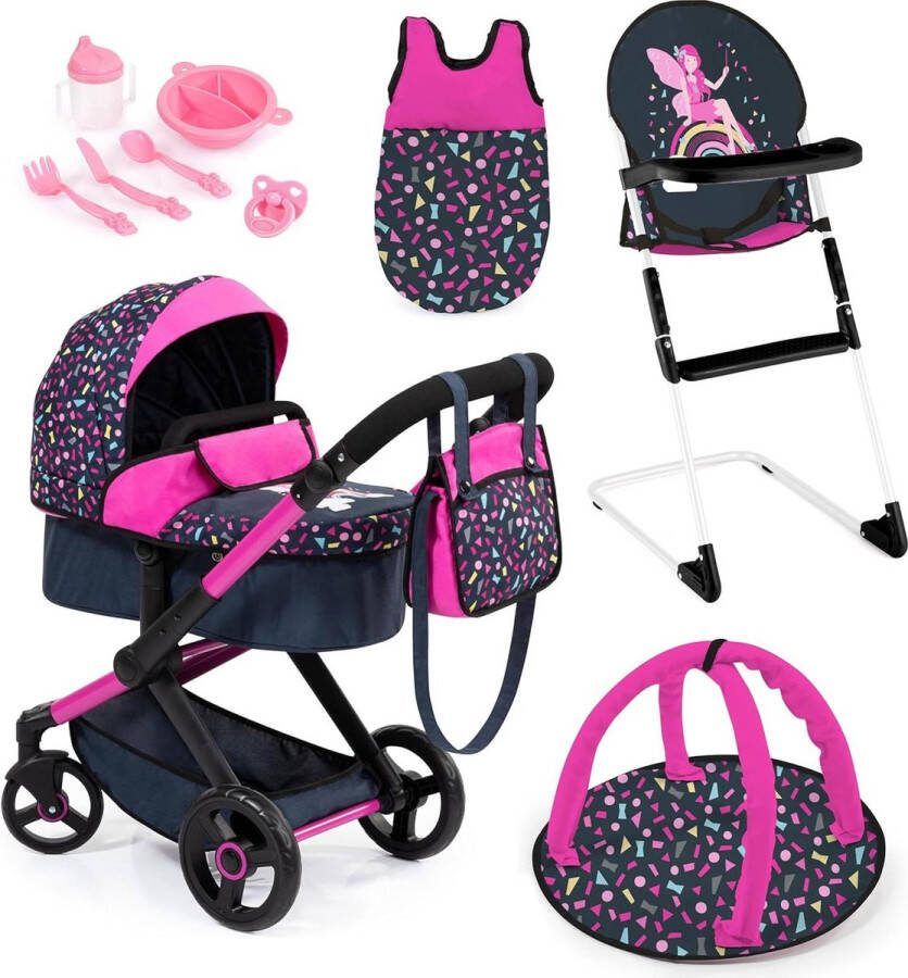 Poppenwagen XEO set verstelbare duwstang transformeerbaar jogger tas kinderstoel slaapzak speelboog poppenaccessoires roze poppenstoel