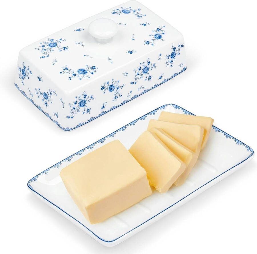 Porseleinen botervloot met deksel voor aanrecht rozenmotief blauw keukenboterhouder butter dish with lid