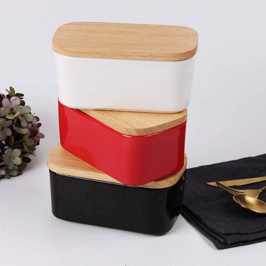Porseleinen botervloot met houten deksel en siliconen afdichtlip multifunctionele boterschaal voor 250 gram boter 165x95x7 cm zwart butter dish with lid