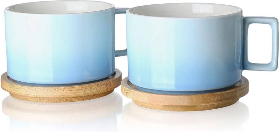 Porseleinen cappuccino kop met houten schotel 310ml Demitasse kopjes set voor koffie cappuccino latte expresso americano thee (hemelsblauw)