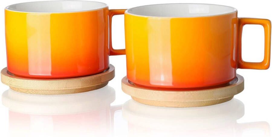 Porseleinen cappuccino kop met houten schotel 310ml Demitasse kopjes set voor koffie cappuccino latte expresso americano thee (tropisch oranje)