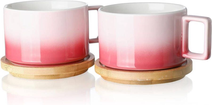 Porseleinen cappuccino kop met houten schotel 310ml Demitasse kopjes set voor koffie cappuccino latte expresso americano thee (Sakura roze)