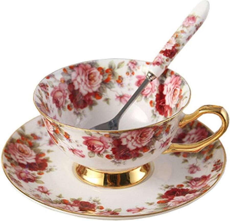 Porseleinen keramische theekop kop koffie met schotel bloemen wit en rood