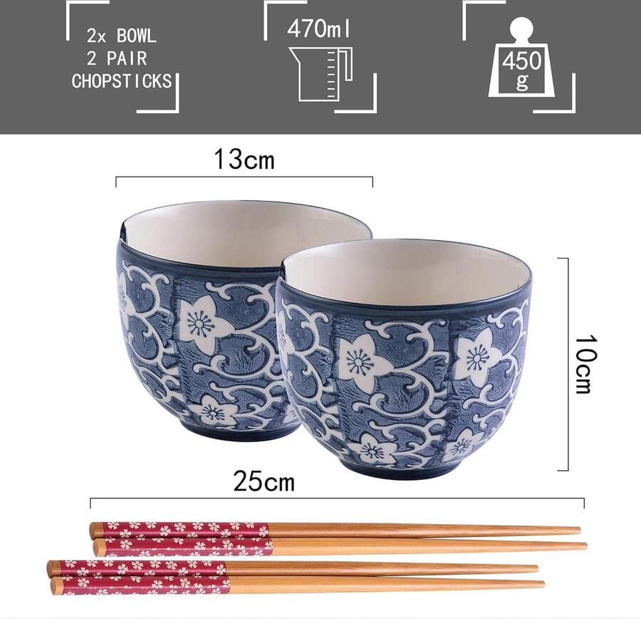 Porseleinen Ramen Noedelkom Set van 2-51 inch Japanse Stijl 470 ml Bamboe Eetstokjes Chinese Karakters Zegen