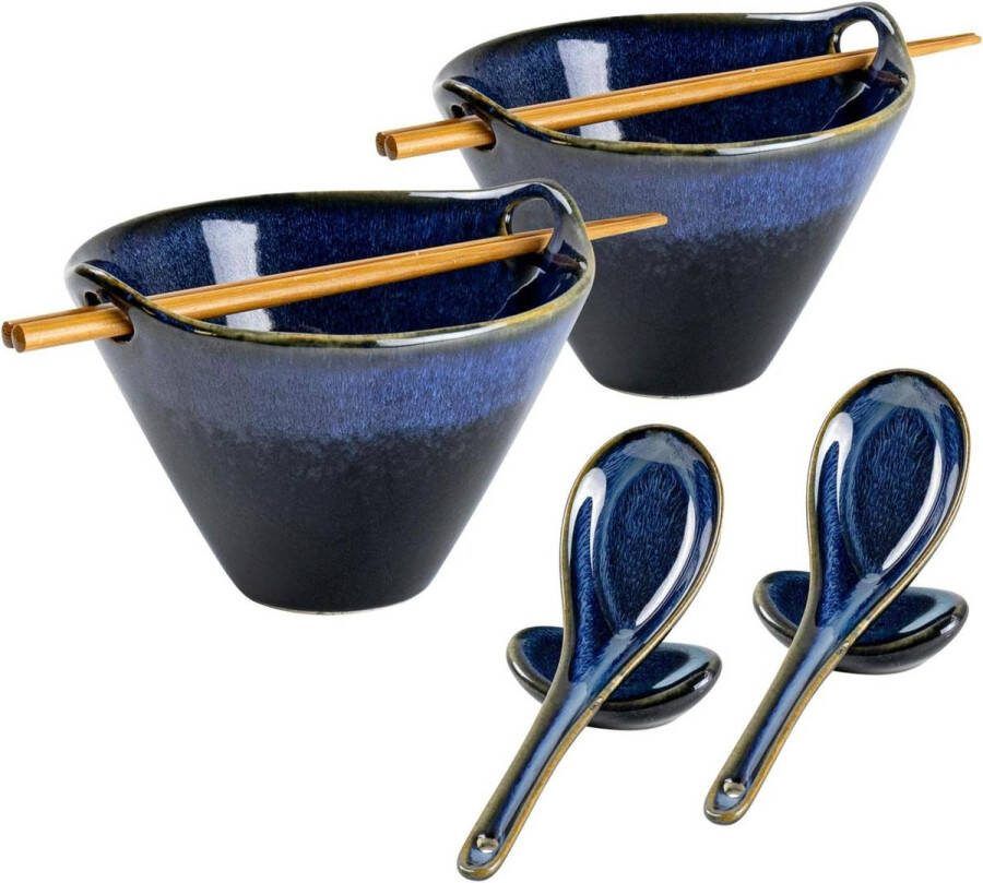 Porseleinen ramenkommen 2 x 600 ml soepkommen lepels vorken Eetstokjes set noedelkommen granen salade soep (blauw)