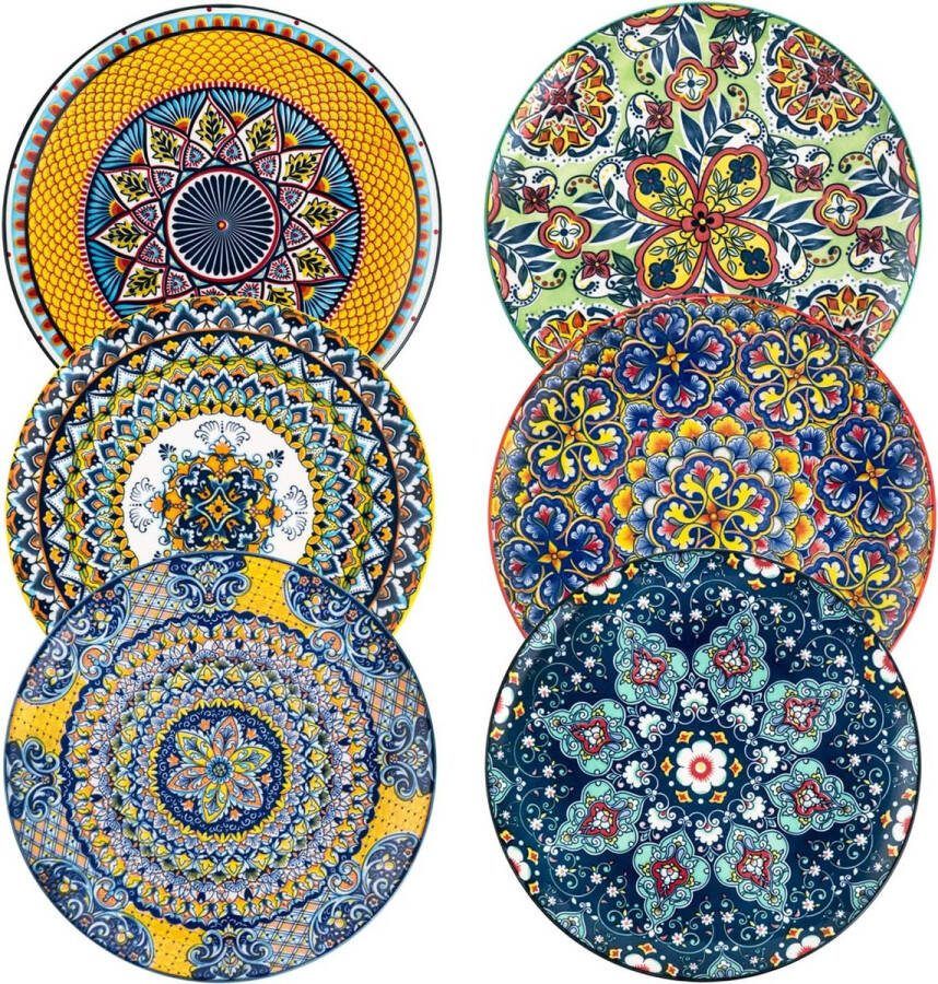 Porseleinen Saladebord 27 cm Kleurrijk ontbijtbord Keramisch Dessertbord 6-delige set kleine ronde borden met patroon en kleurrijk Bohemian stijl